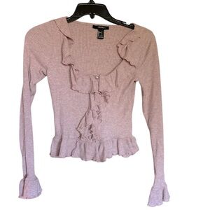 Forever 21 Ribbed Ruffle Front Long Sleeve Top Dusty Rose Small Like New